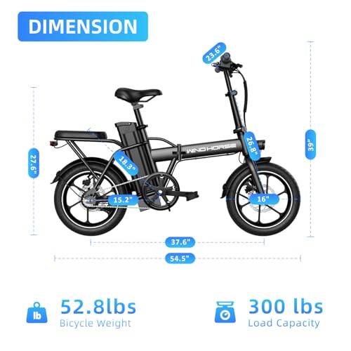 WINDHORSE Peak 630W Foldable Electric Bike for Adults, 25MPH Speed, Max 35-Mile Range, Folding Ebike with Removable Battery, 16" Tires, Dual Seats