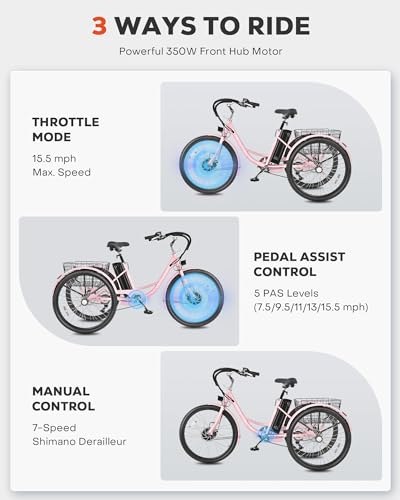 Viribus Electric Tricycle for Adults, 350W Electric Trike 7 Speed with UL 36V 13Ah Battery, 3 Wheel Electric Bikes for Adults with Dual Chains, E Trikes for Women Men Seniors, 330 lb. 24 26 inch