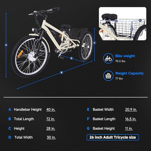 26 Inch 24 Inch Adult Electric Tricycle 3 Wheel Mountain Electric Bicycle with Basket, 350W Brushless Motor, 36V 10Ah Removable Battery, 7 Speed Ebike Trike for Men Women