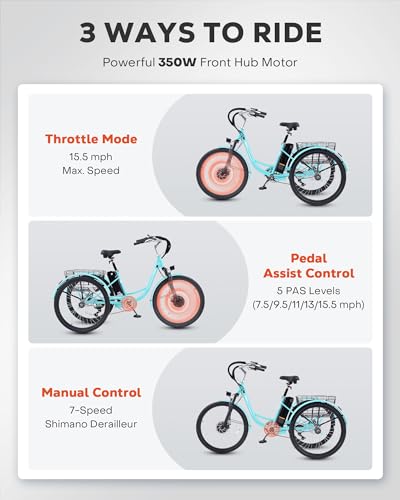 Viribus Electric Trike for Adults, 7 Speed Electric Tricycle for Adults with 48V 13Ah Battery, Front Suspension, 350W Motor, 3 Wheel Electric Bikes for Adults 24 26 inch Dual Chain, E Trike, Etrike