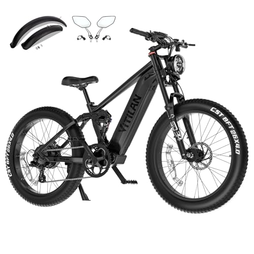 VITILAN T7 PRO 1600W Peak Electric Bike for Adults Fat Tire Ebike, 52V 20AH Removable Battery Max Range 80Miles & 35MPH, 26 Inch Mountain Electric Bicycle with Full Suspension