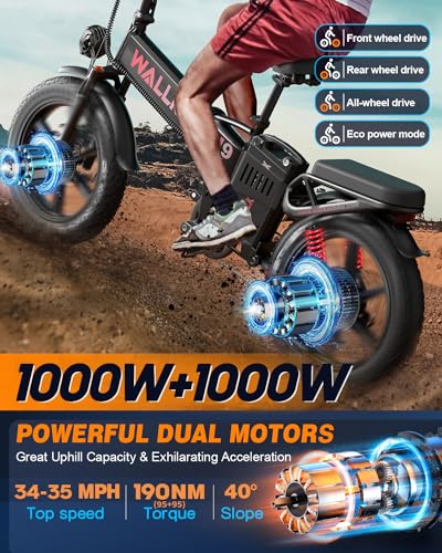 W Wallke Folding Electric Bike for Adults, 2000W Dual Motor, 48V 40Ah/60Ah Long Range Ebike, 20 inch Fat Tire Electric Bicycles for Delivery/Full Suspension/34MPH/AWD E-bike