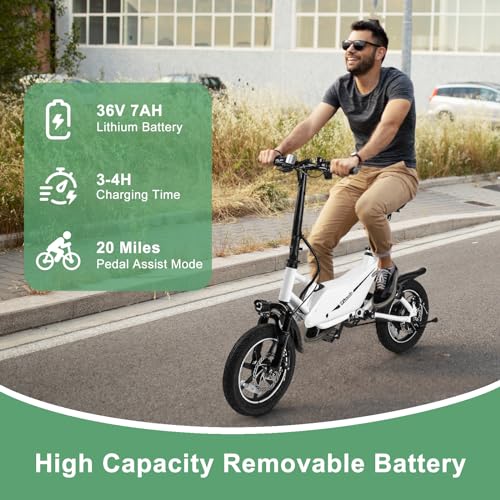Winado 14" Electric Bike for Adults, Folding Electric Bicycle 350W Motor with Pedal, Dual Shock Absorber, Dual Disc Brakes, Max Range 20Miles, Foldable Commuter City Ebike for Adults/Teens, White