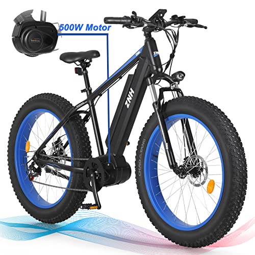 ZNH Electric Bike for Adults, 500W/750W Mid Drive Motor Ebike Full Suspension 20"/26'' Fat Tire Electric Mountain Bike 36V/48V 13Ah Removable Battery, Snow Beach Hunting E Bike Shimano 7-Speed