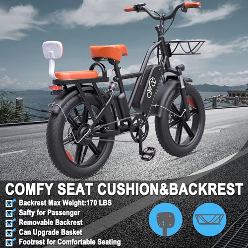 YVY Electric Bike for Adults with Rear Seat and Front Basket, 1000W 48V 15Ah - LCD Color Screen - F/R Disc Brake - Front Fork Shock Absorption - 20"x4.0"Fat Tire All Terrain Commuting E-Bike - 2 Seats