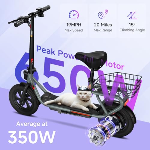 TST Electric Scooter with Seat, Max 20 Miles Range Foldable Electric Scooter Adults, Peak 650W Motor, 19MPH Max Speed, 12" Pneumatic Tire, E Scooter Commuter with Adjustable Seat and Basket
