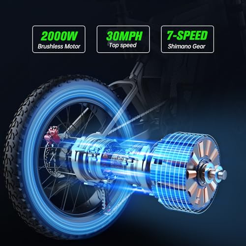 X20 Electric Bike for Adults 2000W 35AH Removable Battery 20" Mountain Electric Dirt Bike, 34MPH, 7-Speed, Dual Hydraulic Shock Absorbers, Commuting Electric Bicycle for Adults