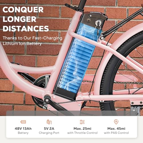 Viribus Electric Bike for Women, 500W (Peak 750W) 48V 13AH City Ebikes for Adults with Basket, Rack, Suspension, Aluminum Frame, Cruiser Commuter E Bike for Women, Step Through Electric Bike