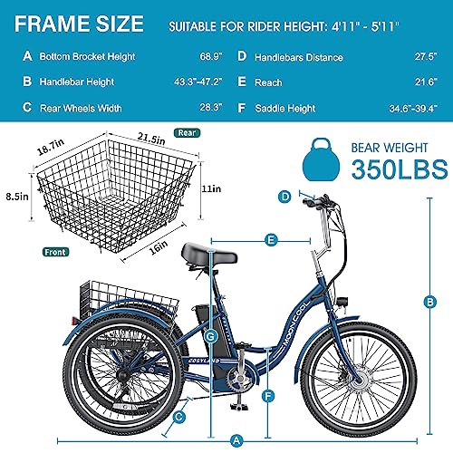 H&ZT 7 Speed Electric Trike Tricycle, 350W 10AH 15MPH 36V Lithium Battery UL Certified, 24" / 26" Electric 3 Wheel Bikes for Adults