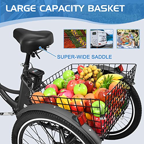 ABORON 24" 26" Electric Tricycles, 36V 10Ah 350W Lithium Battery UL Certified, 7 Speed E-Trike for Adults with Large Capacity Rear Basket