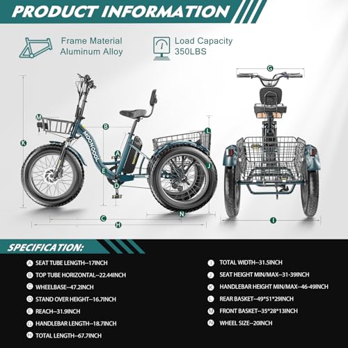 MOONCOOL Electric Tricycle for Adults, 20" x 4" Fat Tire Electric Trike, 48V 500W Motorized Electric Bicycle Bikes, 3 Wheels 7 Speed Ebike with Removable Battery, Aluminum Frame & Large Basket