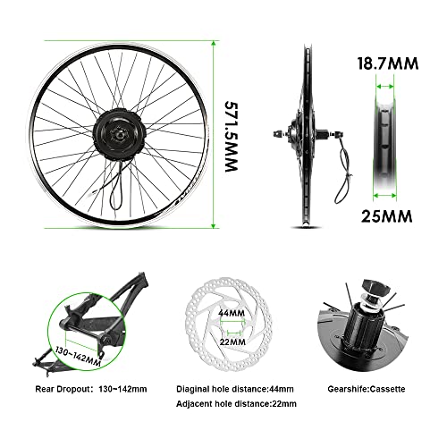 Yose Power Waterproof 500W Ebike Conversion Kit with 48V 13Ah Battery for Cassette/Freewheel 26" Electric Bike Rear Wheel, Electric Bicycle Hub Motor Kit, LED Display, Installation Tool
