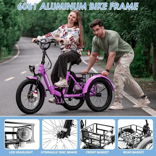 MOONCOOL Electric Tricycle for Adults, 500W 48V Folding Electric Trike Peak Power 750W, 3 Wheels Electric Bicycle, Aluminum Frame Electric Tricycle with Large Basket and Removable Battery