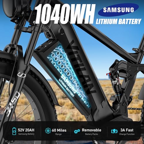 VITILAN T7 PRO 1600W Peak Electric Bike for Adults Fat Tire Ebike, 52V 20AH Removable Battery Max Range 80Miles & 35MPH, 26 Inch Mountain Electric Bicycle with Full Suspension