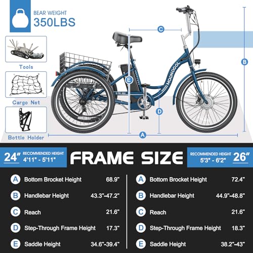 MOONCOOL Electric Tricycle Trike for Adults 350W 36V Removable Battery 24/26 Inches 7 Speeds 3 Wheels Electric Bikes Bicycle for Adults, Three Wheel Electric Cruiser Tricycle