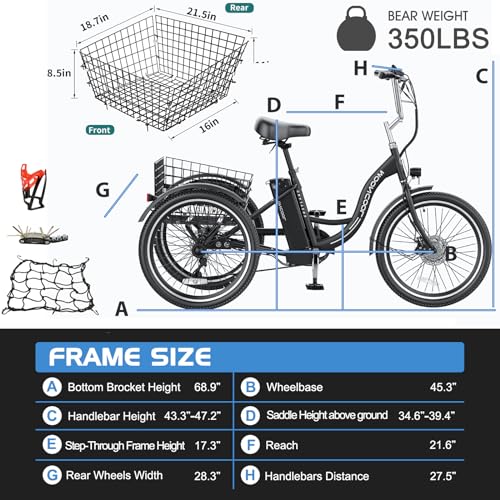 ABORON 24" 26" Electric Tricycles, 36V 10Ah 350W Lithium Battery UL Certified, 7 Speed E-Trike for Adults with Large Capacity Rear Basket