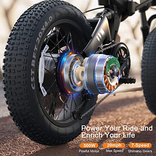 Wooken Electric Bike, 20''X4.0 Fat Tire Electric Bike for Adults,500W(Peak 750W) Foldable Electric Bike with 48V 10Ah Battery,Professional 7 Speed,Shock Absorber, 20MPH Ebike for Mountain Beach Snow