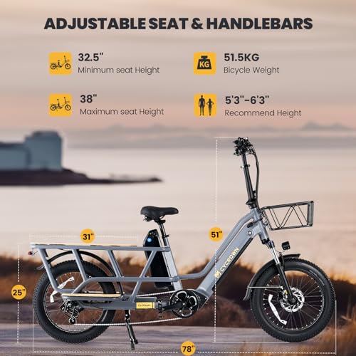 Wagen Electric Bike for Adults, 1000W Cargo E Bike with 48V 15.6+10.4AH Dual Battery, 28MPH 120Miles Step-Thru Design E Bike for Adults, 20" Fat Tire Cargo Electric Bicycle