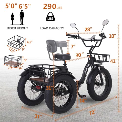 Electric Tricycle for Adults, 750W(Peak 1350W), 48V13Ah Ebike, 20"x4.0" Aluminum Folding Fat Tire 3 Wheel Electric Trike, Max 20MPH Hydraulic Brake, Rear Motor Differential
