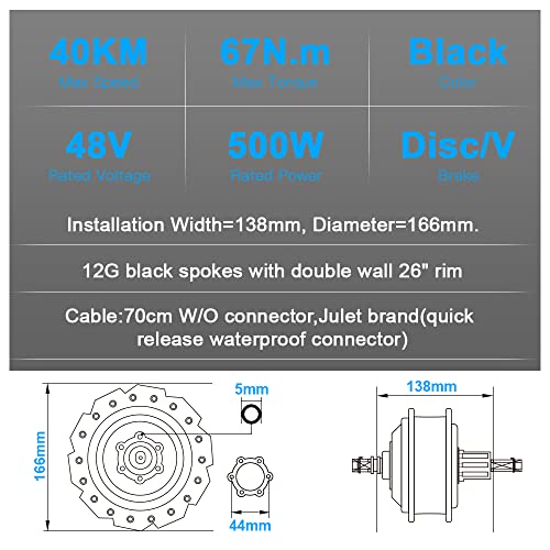 YOSE Power 26 inch e-bike conversion kit 48V500W rear motor with 48V13Ah lithium battery and rear wheel 6S/7S/8S/9S Cassette /Screwed pinion, integrated controller, LED display, pedal sensor electric bike hub motor
