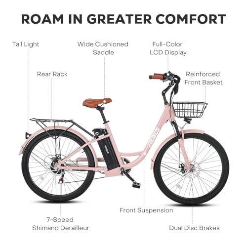 Viribus Electric Bike for Women, 500W (Peak 750W) 48V 13AH City Ebikes for Adults with Basket, Rack, Suspension, Aluminum Frame, Cruiser Commuter E Bike for Women, Step Through Electric Bike