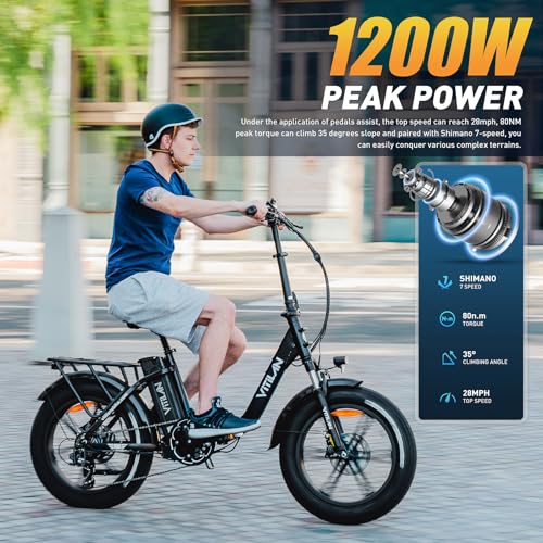 VITILAN 1200W Peak Electric Bike for Adults, U7 2.0 Folding 20*4.0 Inch Fat Tire Ebike, 48V 20AH Sam-Sung Removable Battery Max Range 80Miles&28Mph, Step-Through Electric Bicycle With Dual Suspension