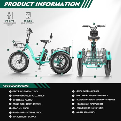 ABORON Electric Tricycle for Adults, Aluminum 20" E-Trike, 500W Power 48V 14.5Ah Lithium Battery UL Certified, Front Suspension 3 Wheels Ebike, Front Basket