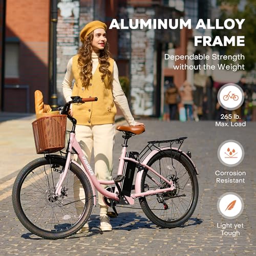 Viribus Electric Bike for Adults, Step Through Womens Electric Bikes, City Commuter Ebike 350W(Peak 500W) 7 Speed with 36V 13Ah Battery, Lightweight Aluminum Frame, Womens E Bike 26 inch