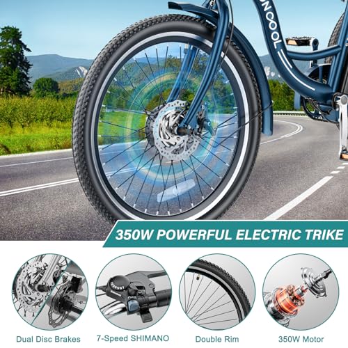 MOPHOTO Electric Trike, 7 Speeds Electric Tricycle for Adult, 350W 36V 3 Wheel Electric Bikes, Motorized Tricycle Adult Electric Three Wheels Bicycle for Senior