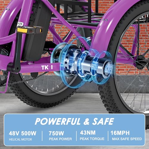 MOONCOOL Electric Tricycle for Adults, 500W 48V Folding Electric Trike Peak Power 750W, 3 Wheels Electric Bicycle, Aluminum Frame Electric Tricycle with Large Basket and Removable Battery