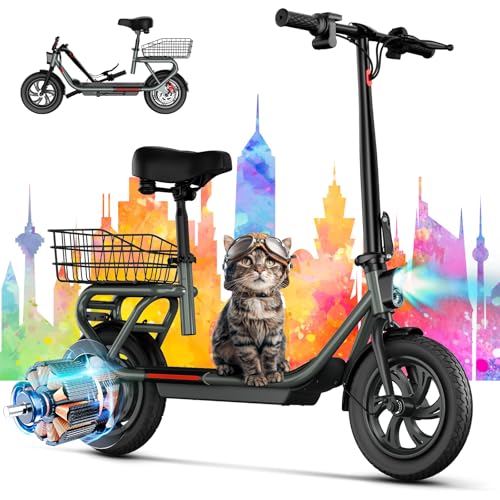 TST Electric Scooter with Seat, Max 20 Miles Range Foldable Electric Scooter Adults, Peak 650W Motor, 19MPH Max Speed, 12" Pneumatic Tire, E Scooter Commuter with Adjustable Seat and Basket