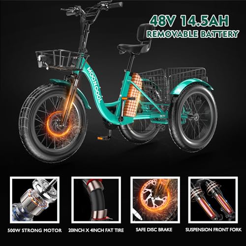 ABORON Electric Tricycle for Adults, Aluminum 20" E-Trike, 500W Power 48V 14.5Ah Lithium Battery UL Certified, Front Suspension 3 Wheels Ebike, Front Basket