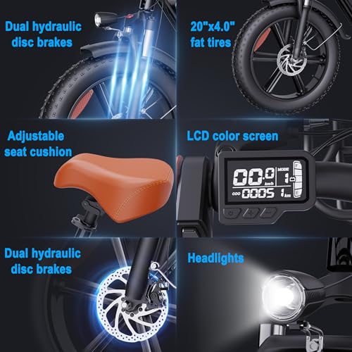 YVY Electric Bike for Adults with Rear Seat and Front Basket, 1000W 48V 15Ah - LCD Color Screen - F/R Disc Brake - Front Fork Shock Absorption - 20"x4.0"Fat Tire All Terrain Commuting E-Bike - 2 Seats