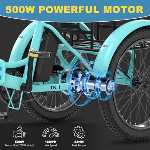 NAIZEA Folding Electric Bike, 20'' Fat Tire Electric Trike for Adults, 500W Folding Electric Bike Folding Ebike Adult Electric Tricycle, Motorized Tricycle Adult Electric Three Wheels Bicycle