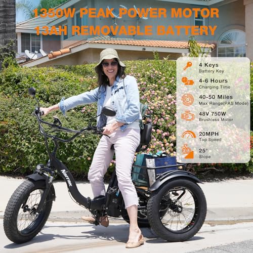 Electric Tricycle for Adults, 750W(Peak 1350W), 48V13Ah Ebike, 20"x4.0" Aluminum Folding Fat Tire 3 Wheel Electric Trike, Max 20MPH Hydraulic Brake, Rear Motor Differential