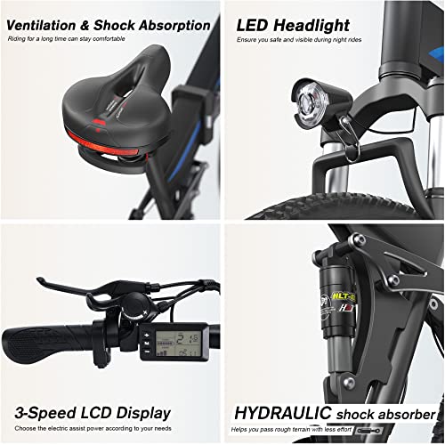 Wooken Electric Bike, 26''x4.0 Electric Bicycle 500W 21.6MPH Fat Tire,Folding Electric Bike for Adults with 48V/10Ah Battery, Mountain Bike with Lockable Suspension Fork, Shimano 21 Speed Gears EBike