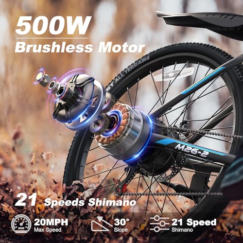 VARUN Electric Bike for Adults - 500W Electric Bike with 48V Removable Battery - 26" Electric Bicycle Up to 45 Miles 20 MPH with 21 Speed Gears & Dual Front Fork Suspensions