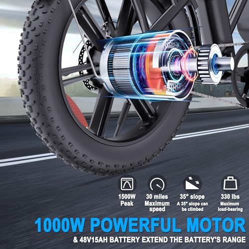 YVY Electric Bike for Adults with Rear Seat and Front Basket, 1000W 48V 15Ah - LCD Color Screen - F/R Disc Brake - Front Fork Shock Absorption - 20"x4.0"Fat Tire All Terrain Commuting E-Bike - 2 Seats