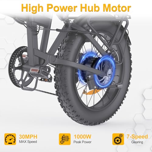 YVY Adult Electric Bike - Folding - 1000/2000W Brushless Motor - 48V 15/23Ah Removable Battery, Range 50-75 Mile, Max Speed 30/35MPH, 20"x4.0" Fat Tire, 7 Speeds, Hydraulic Suspension, Disc Brakes