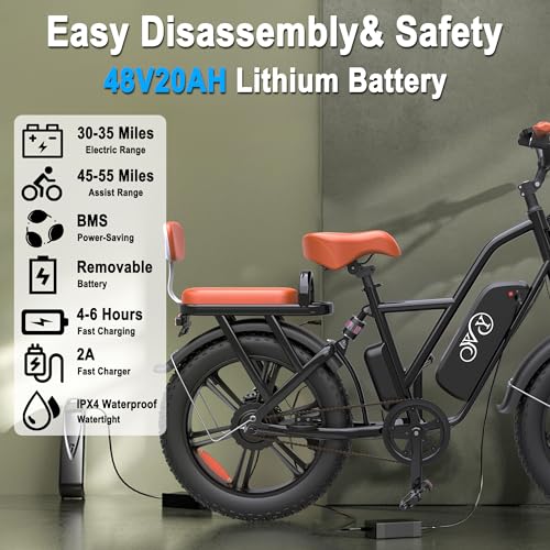 YVY Electric Bike for Adults with Rear Seat and Front Basket, 1000W 48V 15Ah - LCD Color Screen - F/R Disc Brake - Front Fork Shock Absorption - 20"x4.0"Fat Tire All Terrain Commuting E-Bike - 2 Seats