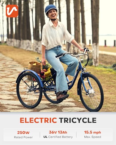 Viribus Electric Trike, 250W Electric Tricycle for Adults with UL 36V 13Ah Battery, 3 Wheel Electric Bike for Men Women Seniors with Basket, Ebike Trike 330lb. 24 26 in Etrike E Trikes