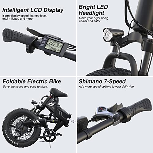 Wooken Electric Bike, 20''X4.0 Fat Tire Electric Bike for Adults,500W(Peak 750W) Foldable Electric Bike with 48V 10Ah Battery,Professional 7 Speed,Shock Absorber, 20MPH Ebike for Mountain Beach Snow