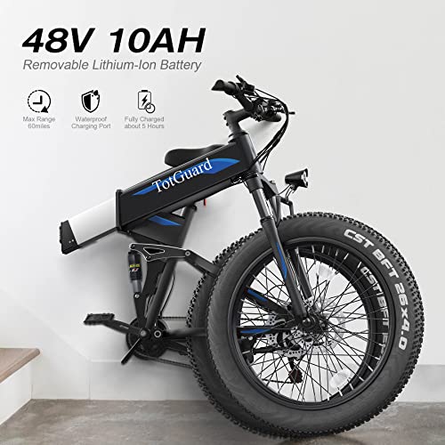 Wooken Electric Bike, 26''x4.0 Electric Bicycle 500W 21.6MPH Fat Tire,Folding Electric Bike for Adults with 48V/10Ah Battery, Mountain Bike with Lockable Suspension Fork, Shimano 21 Speed Gears EBike