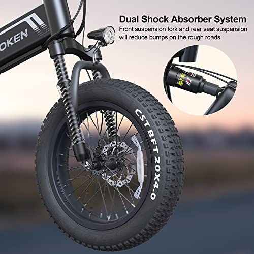 Wooken Electric Bike, 20''X4.0 Fat Tire Electric Bike for Adults,500W(Peak 750W) Foldable Electric Bike with 48V 10Ah Battery,Professional 7 Speed,Shock Absorber, 20MPH Ebike for Mountain Beach Snow