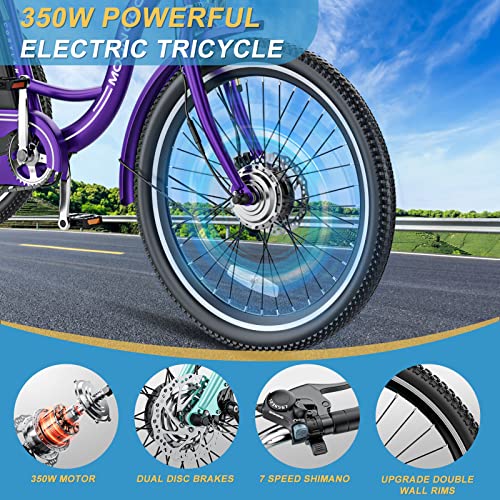NAIZEA Electric Tricycle Adult Electric Bicycles, 350W 36V Electric Trike, 24" 26" 3 Wheel Electric Bike Ebike E Bicycle with Removable Battery, Motorized Trike with Basket for Women Men