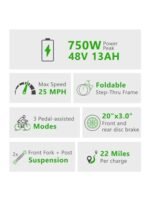750W Electric Bike for Adults, Folding Ebike 48V 13Ah Removable Battery Max Speed 25MPH,Full Suspension System Design 20''×3.0''Fat Tire Electric Bicycle - Image 7