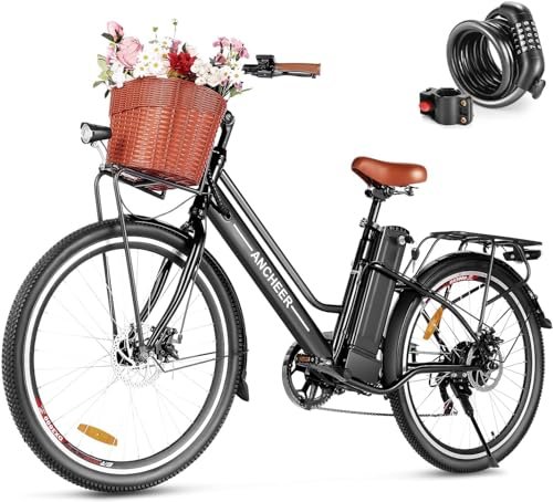 Version 1.0.0 ANCHEER 26'' Electric Bike for Adults, Peak 750W Low Frame Electric City Bike with 48V/374Wh Battery, Up to 50Miles Step Through Commuter Ebike/Electric Bicycle with Basket, LCD Display - Image 1