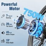 Jasion Electric Bike for Adults - 480 WH Removable Battery, 750 W Peak Motor, 20 MPH Max Speed, Commuting Ebike with LCD Display, 7-Speed E Bicycle with Dual Disc Brakes 27.5 Inch Tires - Image 3