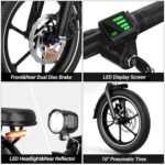 16" Folding Electric Bike Adults, Peak 630W Adult Electric Bicycles, Up to 25 MPH and 35 Miles Foldable Ebikes, Electric Bike for Teens with 36V 8Ah Removable Battery, Dual Disk Brake - Image 4