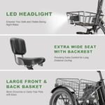 Electric Tricycle Electric Bicycle Electric Trike, 7 Speeds 3 Wheel Electric Bike for Adults with 350W 36V Removable Battery, Electric Cruiser Tricycle - Image 7